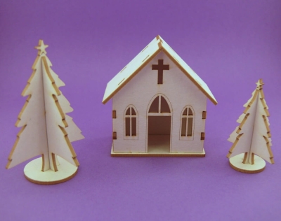 923 Tekturka - Mini Kościół + 2 choinki 